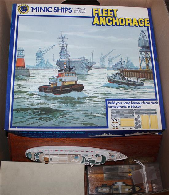 4 Minic Ships 1:1200 diecast boxed harbour sets, Canberra model on wood plinth & 2 models of The William Fawcett (7)